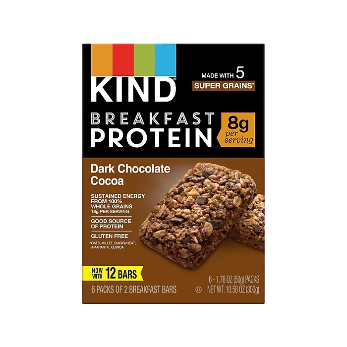 KIND Gluten-Free Dark Chocolate Cocoa Protein Breakfast Bar, 0.88 oz., 6 Bars/Box (41936)