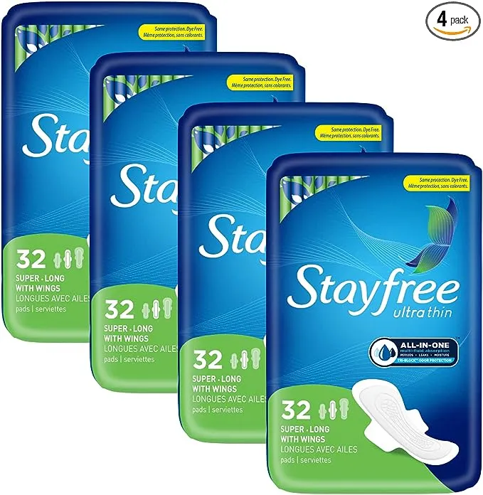 Stayfree Ultra Thin Super Long Pads with Wings For Women, Reliable Protection and Absorbency of Feminine Moisture, Leaks and Periods, 32 count - Pack of 4