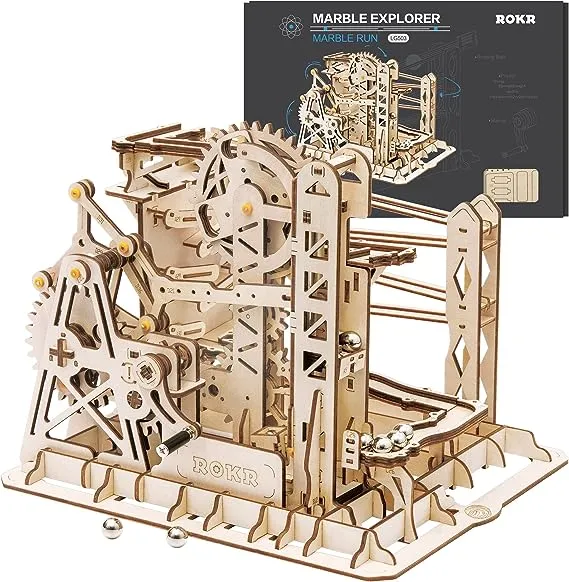 ROKR 3D Assembly Wooden Puzzle Brain Teaser Game Mechanical Gears Set Model Kit Marble Run Set Unique Craft Kits Christmas/Birth