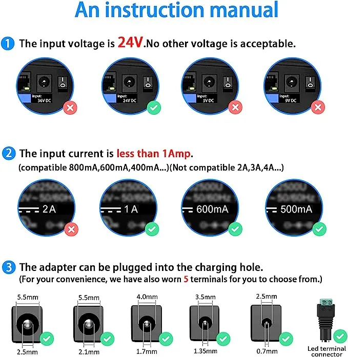 100V-240V to 24V 1A AC/DC Switching Power Supply Adapter with 5 Selectable Adapter Plugs