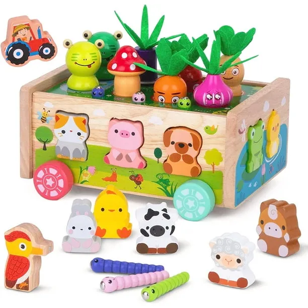 KMTJT Montessori Wooden Toddler Toys for 1 2 3 Years Old Boys Girls, Shape Sorting Toys First Birthday Gifts for 1-2 Years, Wood Animal Farm Car Preschool Educational Fine Motor Skills Toy