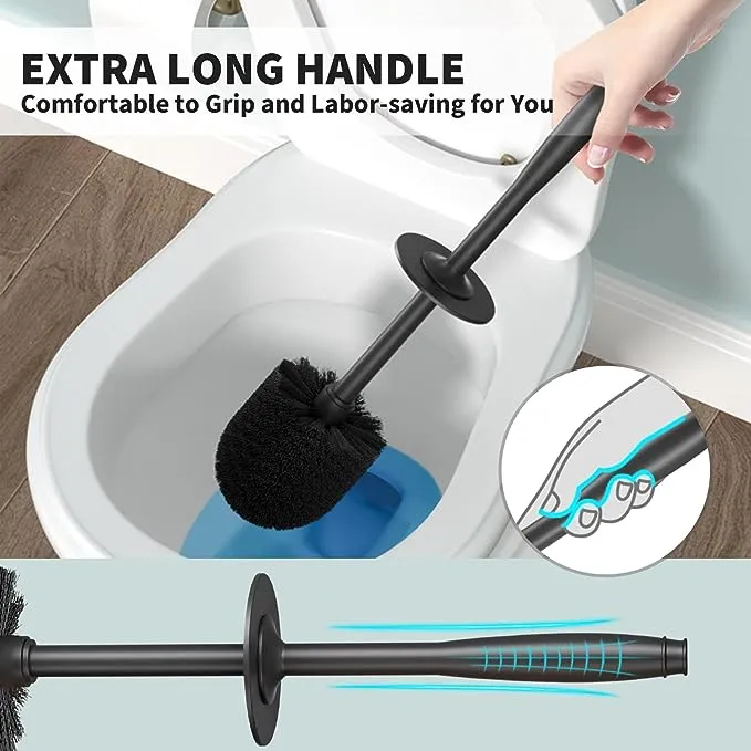 UPTRONIC Toilet Brush, Toilet Bowl Brush with Extra Long Handle Durable Bristles Toilet Scrubber and Covered Holder for Toilet Brush Set for Bathroom Cleaning (Black, 1 Set)