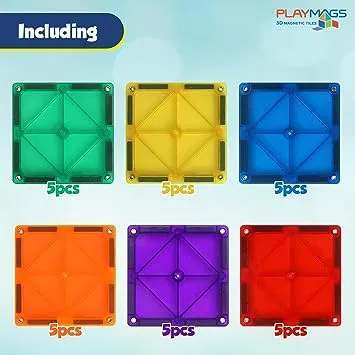 Playmags Magnetic Tiles, 30-Piece Magnet Squares Expansion Set, Construction Building Blocks, Starter Set for Kids Ages 3+Playmags Magnetic Tiles, 30-Piece Magnet Squares Expan…