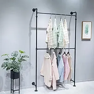 Industrial Pipe Clothes Rack, Wall Mounted Black Iron Garment Bar, Multi-Purpose Hanging Rod for Closet Storage (Black)