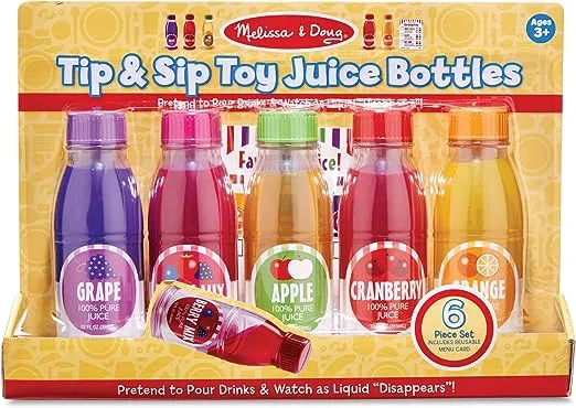 Melissa & Doug Tip & Sip Toy Juice Bottles and Activity Card (6 Pcs) - Pretend Play Food Set, Play Kitchen Food For Ages 3+