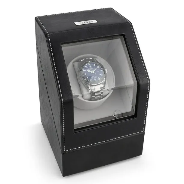 Heiden Monaco Single Watch Winder - Black Leather - Battery Powered or AC Adapter, 12 Program Settings, Diamond Stitched Vegan Leather, Soft Linen Interior, Large Interior Space for Large Watches