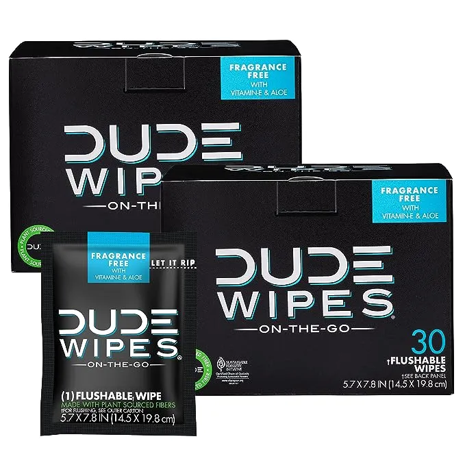 DUDE Wipes - On-The-Go Flushable Wipes - 2 Pack, 60 Wipes - Unscented Extra-Large Individually Wrapped Adult Wet Wipes - Vitamin E & Aloe - Septic and Sewer Safe