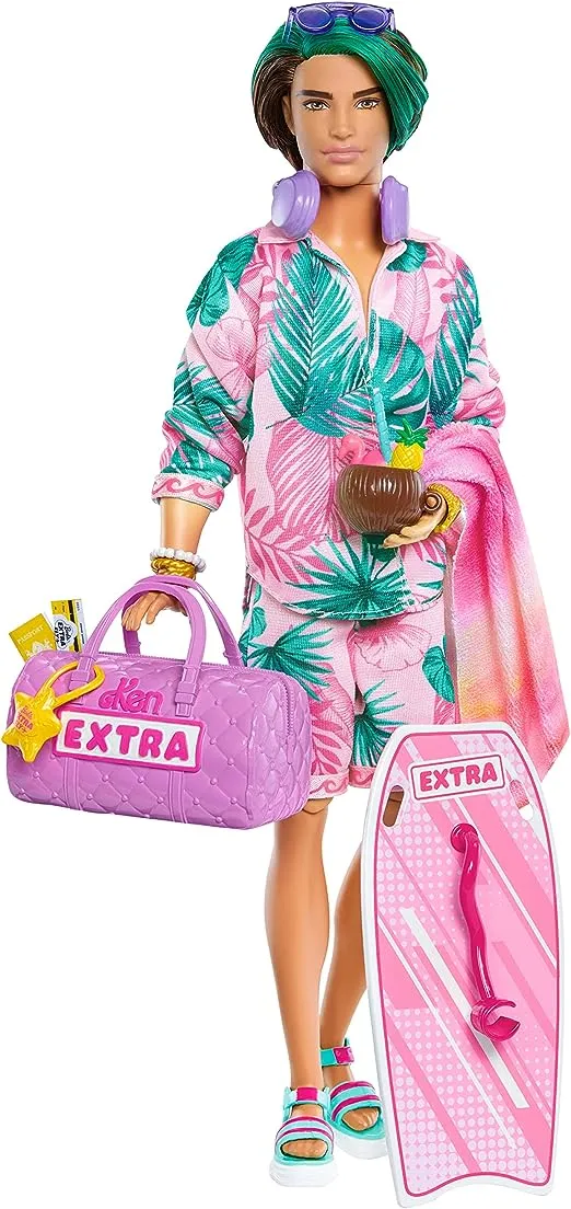 Barbie Extra Fly Ken Doll with Beach-Themed Travel Clothes & Accessories, Tropical Outfit with Boogie Board & Duffel Bag