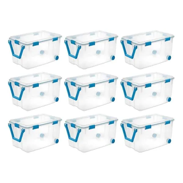 Sterilite 120-Qt Clear Plastic Wheeled Storage Bin W Gasket Latch Lid 9 Pack