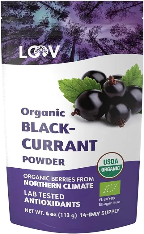 LOOV Blackcurrant Powder Organic, Made from 100% Whole Blackcurrants, Freeze Dried and Powdered Organic Blackcurrants, 6 Ounces, 21-Day Supply, Grown in Northern Europe, no Added Sugar