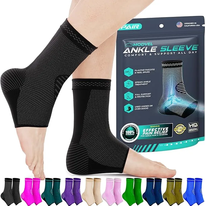 Modvel Ankle Brace for Women & Men - 1 Pair of Ankle Support Sleeve & Ankle Wrap - Compression Ankle Brace for Sprained Ankle, Achilles Tendonitis, Plantar Fasciitis, & Injured Foot