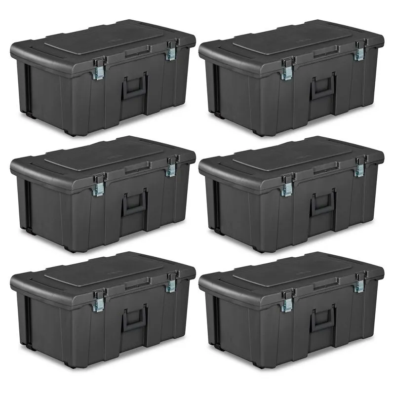 Sterilite Heavy Duty 16 Gallon Portable Plastic Footlocker Storage Container with Handles and Wheels for Dorms and Apartments, Flat Gray (6 Pack)