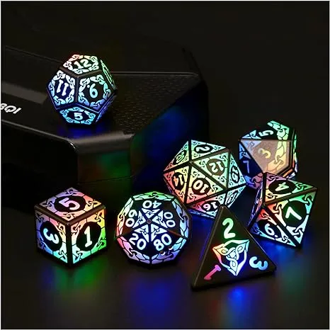 LED Dice Set of 7, DND Dice Rechargeable with Charging Box, Shake to Light Up Colorful Dice, ZHOORQI Dungeon and Dragons Dice USB Port Charging, Role Playing Dice for D&D Table Games（Coloured Light）