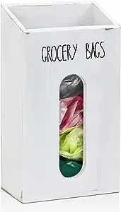 Farmhouse Grocery Bag Holder for Kitchen, Wooden Plastic Bag Holder for Plastic Bags Recycle, Wall Mounted Plastic Bag Dispenser, Garbage Bag Dispenser with Extra-Wide & Easy-Access Openings, White