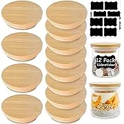 Oui Yogurt Jar Lids-12 pack Oui Lids-Natural Bamboo Wood with Silicone Sealing Rings and Oui Yogurt Bottle Label,For 5 Oz Oui Yogurt Jars