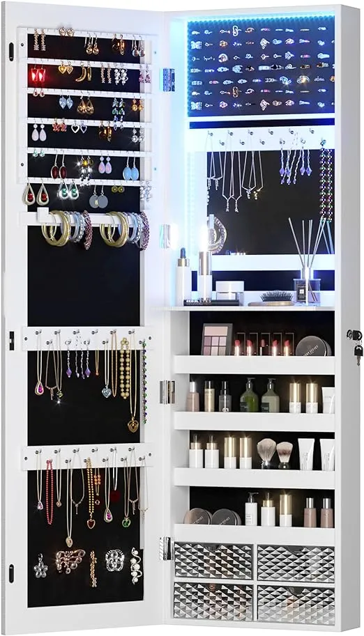 Vlsrka 47.2" LED Jewelry Mirror Cabinet, Wall/Door Mounted Hanging Jewelry Armoire Organizer with Full-Length Mirror, Large Storage Cabinet, 4 Drawers, 5 Shelves, Built-in Lighted Mirror (Black)