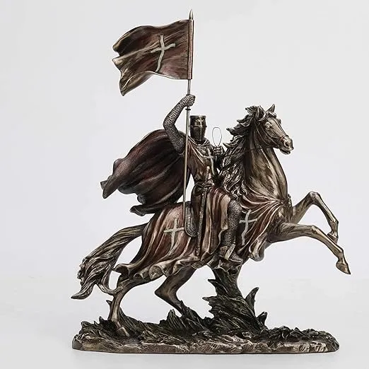 Veronese Design 14 3/4 pulgadas Deus Vult Horseback Crusader Raising Banner Resina Fundida en Frío Acabado Bronce Antiguo Estatua Decoración para el Hogar