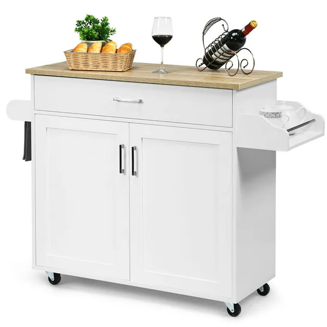 Costway Rolling Kitchen Island Cart Storage Cabinet w/ Towel & Spice Rack White