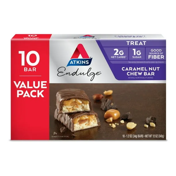 Atkins Endulge Caramel Nut Chew Bar, Dessert Favorite, 1g Sugar, Good Source of Fiber, 10 Count