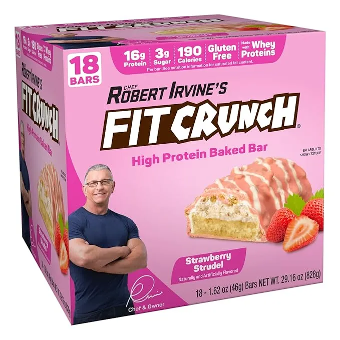 FITCRUNCH Snack Size Protein Bars, Designed by Robert Irvine, 6-Layer Baked Bar, 3g of Sugar & Soft Cake Core (18 Bars, Strawberry Strudel) 