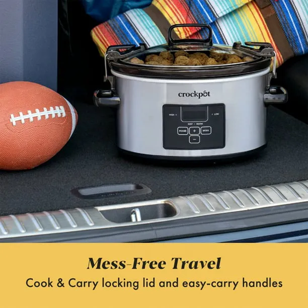 Crock-Pot 4 Quart Travel Proof Cook and Carry Programmable Slow Cooker with Locking Lid, Convenient Handles, and Digital Display, Stainless SteelCrock-Pot 4 Quart Travel Proof Cook and Carry Programma…