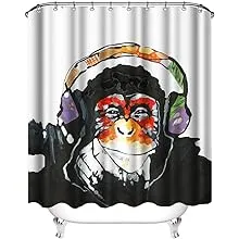 Monkey Shower Curtains Funny Animal Chimpanzee Portrait with Colorful Headset...