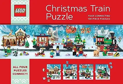 Lego Christmas Train Puzzle: Four Connecting 100-Piece Puzzles