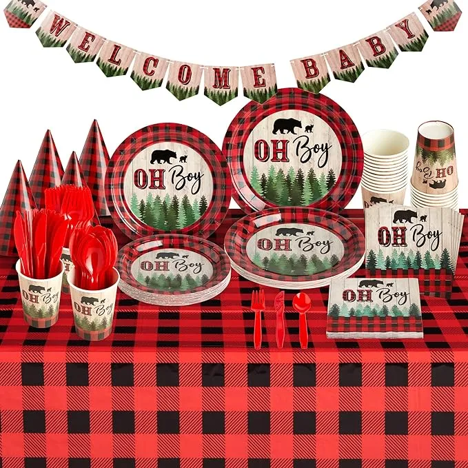 Sparkle and Bash 194-Piece Lumberjack Oh Boy Baby Shower Decorations - Buffalo Plaid Party Supplies, Serves 24