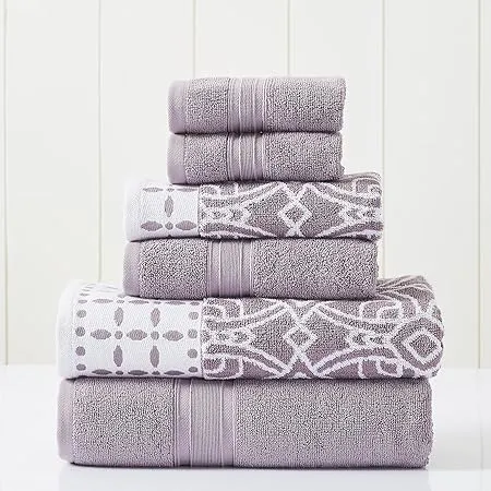 Modern Threads 6 Piece Set, 2 Bath Towels, 2 Hand Towels, 2 Washcloths Yarn Dyed Jacquard/Solid Towel Set Monroe Orchid