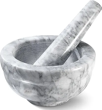 Sagler Mortar and Pestle Set - Small Grinding Bowl Container for Guacamole, Spices, Salsa, Pesto, Herbs - Best Mortar and Pestle Spice and Pills Crusher Set, Holds Up to 2.5oz - 3.75x2’’, Marble Gray