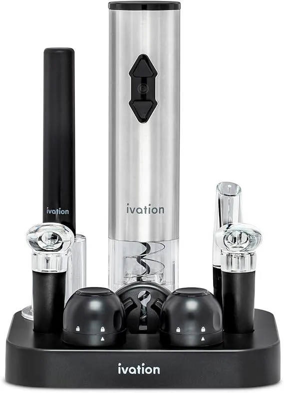 Ivation 9-Piece Wine Opener Gift Set | Deluxe Bar Kit with Electric Battery-Operated Bottle Opener, Air Pump Cork Extractor, Aerator Pourer, Wine Stoppers, Champagne Stoppers, Foil Cutter & Stand