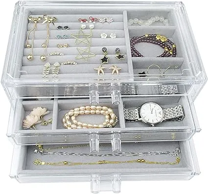 Acrylic Jewelry Box 3 Drawers, Velvet Jewellery Organizer, Earring Rings Necklac