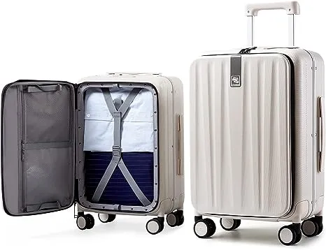 Hanke Luggage Hardside Suitcase with Wheels & Front Opening, 24in Large Checked in Luggage Aluminum Frame PC Rolling Suitcases Travel Bag TSA Lock - Ivory white