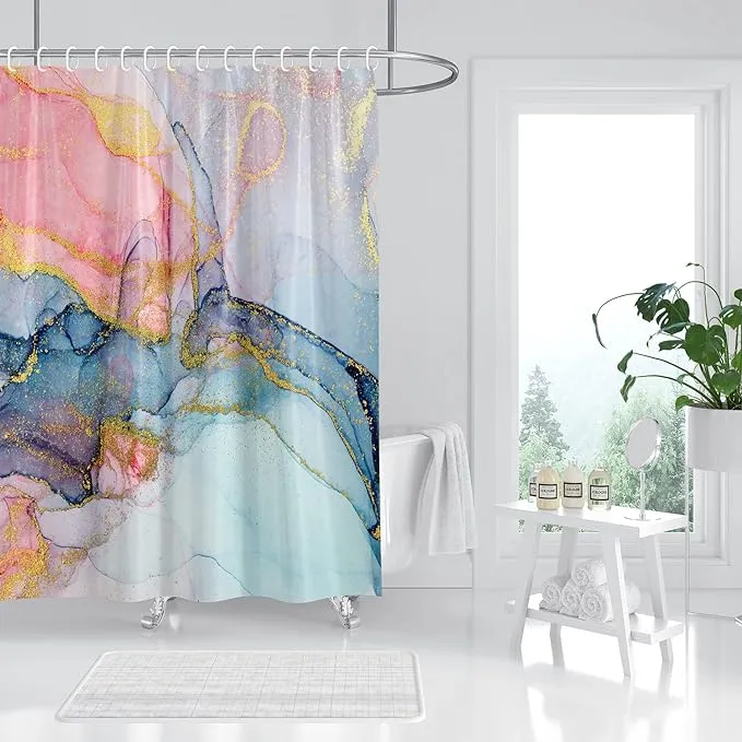 Marble Shower Curtain, Pink Marble Shower Curtain Set, Colourful Abstract Ink ...