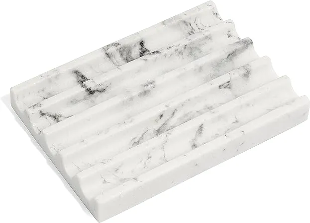 Day1 Soap Holder with Marble Look - Soap Dish with Soap Saver Ridges Rectangle Bar Soap Holder with Non Slip Feet - Soap Tray for Bathroom, Sink, Kitc