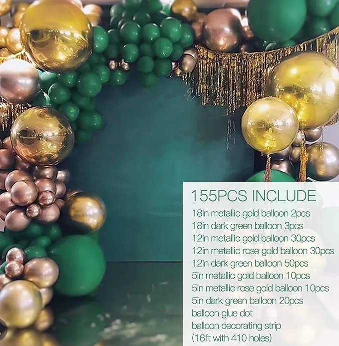 Gold Green Balloon Arch Garland Kit-Dark Green Balloon Metallic Gold Balloon 155Pcs for Birthday,Gender Reveal,Baby Shower,Wedding,Graduation,Christmas and Holiday Party Decoration