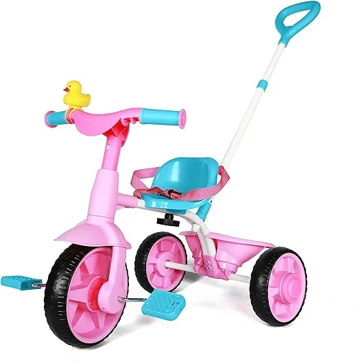 KRIDDO 2 in 1 Kids Tricycles Age 18 Month to 3 Years, EVA Wheels Upgraded, Gift, Trikes for Toddlers 2 to 3 Year Old with Push Handle and Duck Bell, Pink