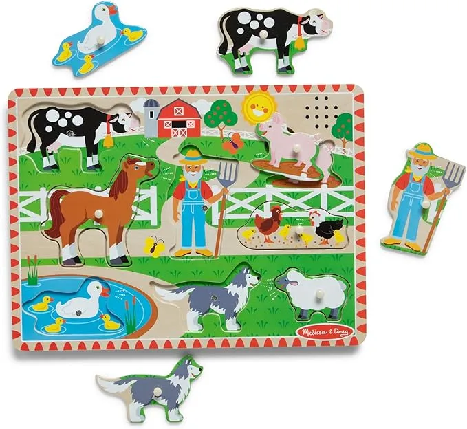 Melissa & Doug Farm Sound Puzzle - Wooden Peg Puzzle With Sound Effects (8 pcs)