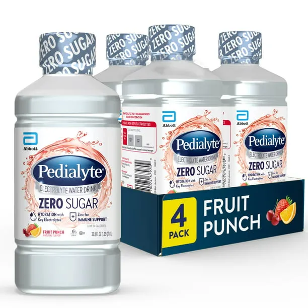 Pedialyte Electrolyte Water with Zero Sugar, Hydration with 3 Key Electrolytes & Zinc for Immune Support, Fruit Punch, 1 Liter, 4 Count