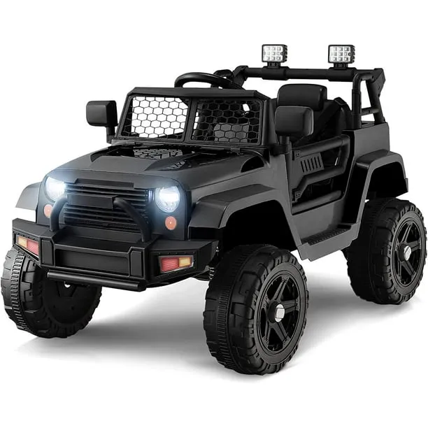 OLAKIDS Kids Ride on Truck, 12V Electric Vehicle Jeep Car with Remote Control, Toddlers Battery Powered Toy with 2 Speeds, Spring Suspension, Double Open Doors, LED Lights, Music, USB, Mp3 (Black)