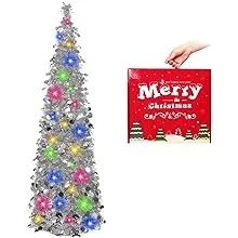 N&T NIETING Christmas Tree wiht Lights, 5ft Collapsible Pop Up Dark Purple Tinsel Christmas Tree with Ball Ornaments Coastal Christmas Tree for Holiday Xmas Decorations, Home Display, Office Decor