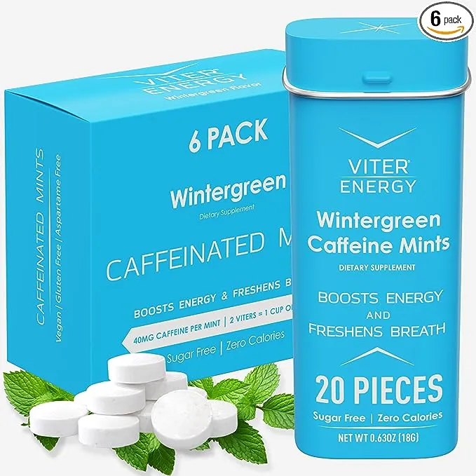 Viter Energy Caffeinated Mints 40mg Caffeine, B Vitamins, Sugar Free. (Wintergreen, 20pcs, 6 Pack)Viter Energy Caffeinated Mints 40mg Caffeine, B Vitamins,…