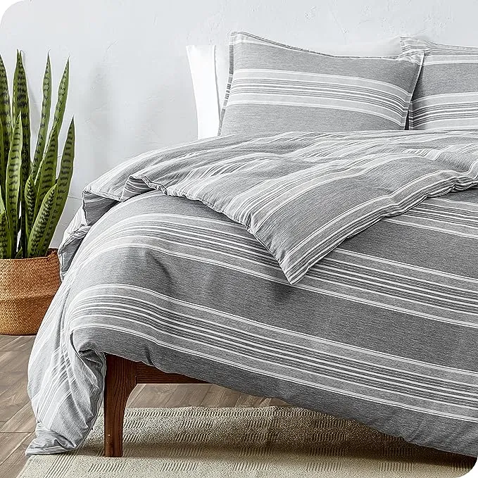 Bare Home Duvet Cover Queen Size - Premium 1800 Super Soft Duvet Covers Collection - Lightweight, Cooling Duvet Cover - Soft Breathable Bedding Duvet Cover (Queen, Stripe - Heathered Midnight Blue)