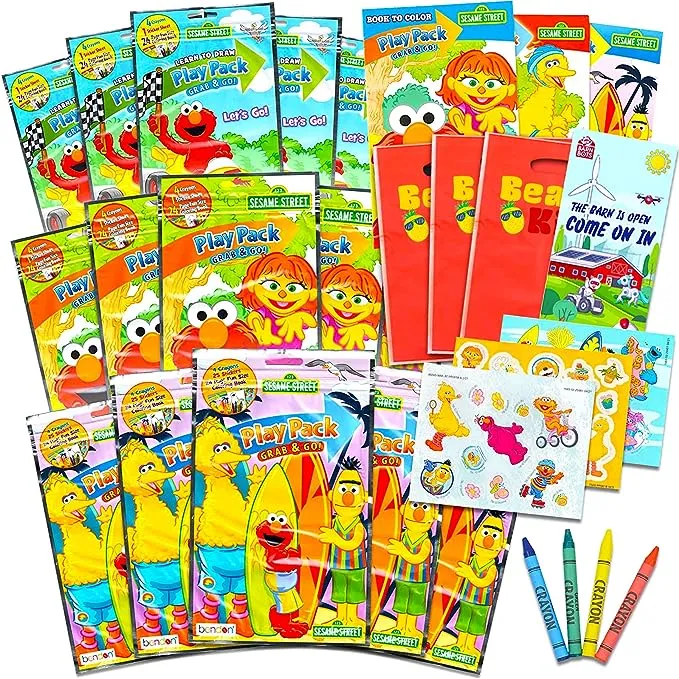 Bendon Set of 15 Kids Play Packs Bundle ~ Fun Party Favors Coloring Book Crayons Stickers Loot Bags (Sesame Street), Size: 450 Piece Set, Beige