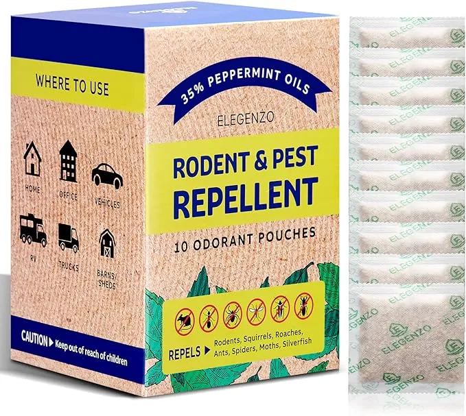 ELEGENZO Mouse Repellent Pouches, 35% Peppermint Oil Pest and Rodent Repellent, Mice Repellent with Peppermint Oil to Repel Mice and Rats, Squirrels, Roaches, Ants, Spiders, Moths, 10 Odorant PouchesELEGENZO Mouse Repellent Pouches, 35% Peppermint O…