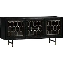 TOV Furniture The The Gatsby Collection Art Deco Brass Dark Acacia Wood Buffet Table with Tempered Glass Doors,