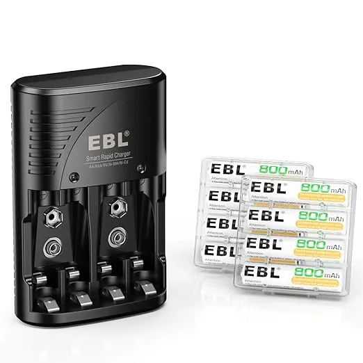 EBL Rechargeable AAA Batteries (8 Packs) with Smart Rapid Battery Charger with AC Wall Plug for AA AAA 9V Ni-MH Ni-CD Rechargeable Batteries