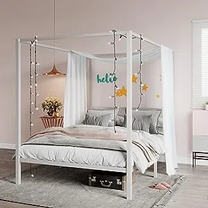 Sha CERLIN Metal Canopy Bed Frame Queen Size White