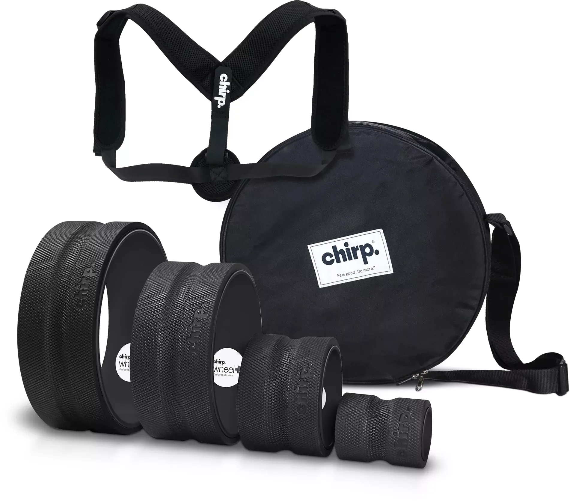 Chirp Ultimate Back + Neck Bundle, 4-Pack Wheel Roller Set with Carrying Case & Posture Corrector, Includes Focus, Deep Tissue, Firm, & Gentle Wheels, Supports Up to 500 lbs.