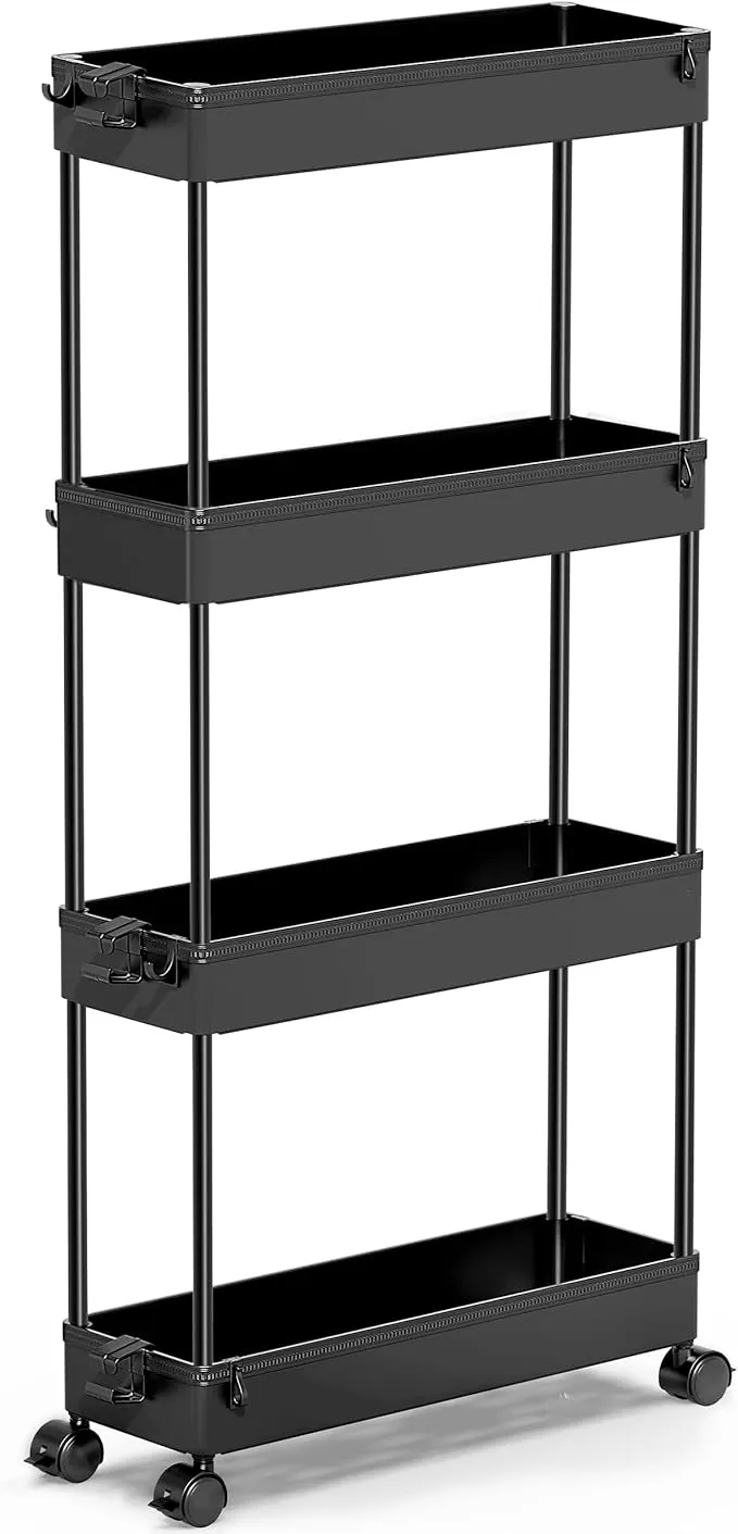 SPACEKEEPER Slim Rolling Storage Cart 4 Tier Organizer Mobile Shelving Unit Utility Cart Tower Rack for Kitchen Bathroom Laundry Narrow Places, Black